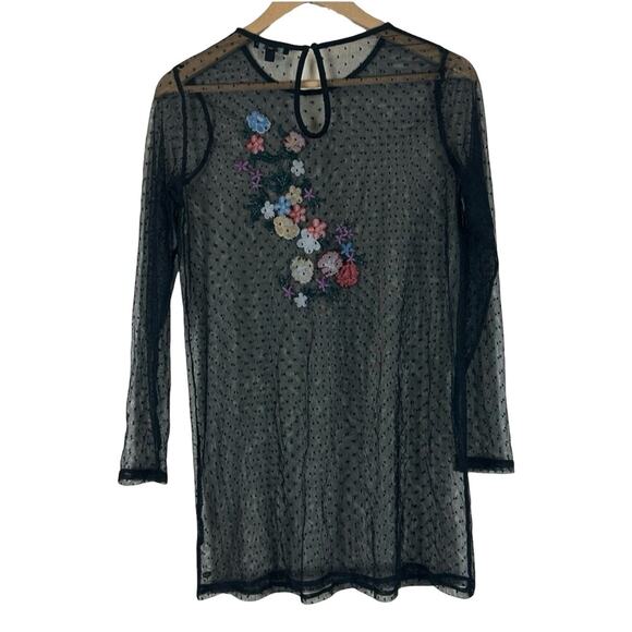 Guess Embroidered Sheer Mesh Top Womens S Black Floral Whimsygoth Gothic Punk - Picture 5 of 6